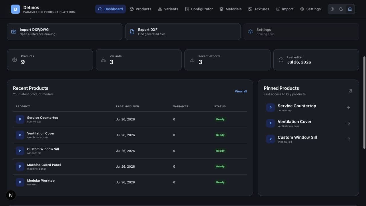 Definos dashboard with products and recent variants