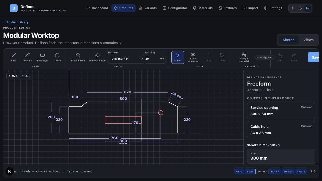 Definos product editor showing a configurable product drawing