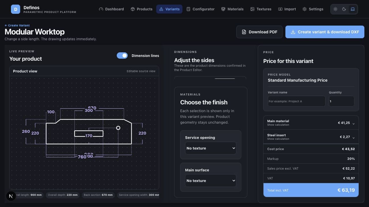 Definos variant editor with live drawing and price calculation